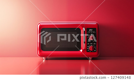 Retro red microwave oven on vibrant red background, modern kitchen appliance Retro red microwave oven on vibrant red background, modern kitchen appliance 127409148