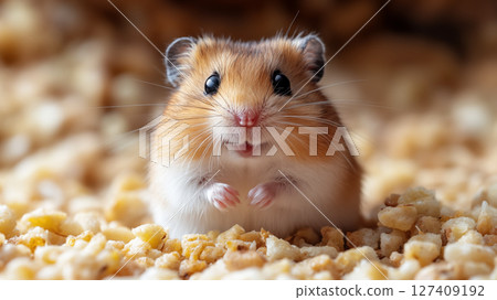 Adorable hamster peeks curiously at camera while sitting on food. Concept of pet cuteness Adorable hamster peeks curiously at camera while sitting on food. Concept of pet cuteness 127409192