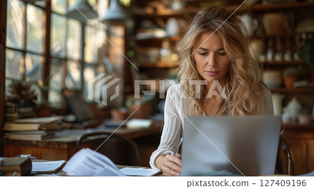 Blonde woman concentrating on laptop in cozy home office with natural light. Concept of remote work, productivity, and modern lifestyle 127409196