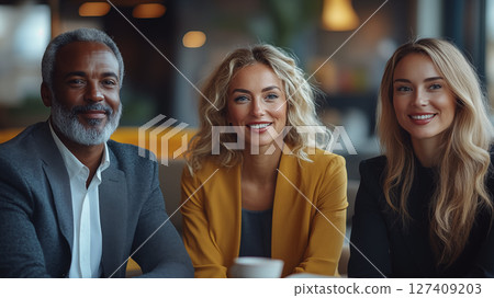 Diverse business team smiling in office setting. Concept of workplace diversity and collaboration 127409203