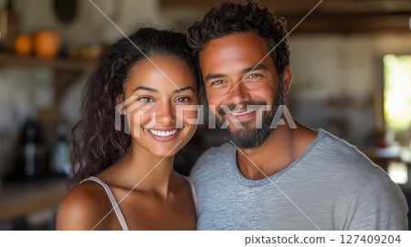 Diverse couple embracing and smiling at home, radiating warmth and affection. Concept of love, relationships and domestic happiness 127409204