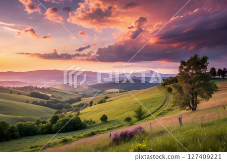 beautiful sunset in the mountains 127409221