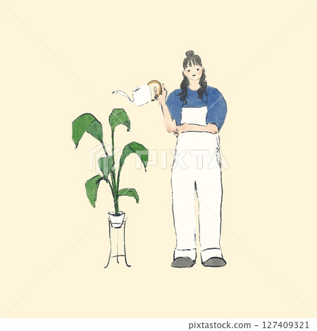 A woman in overalls watering a houseplant 127409321