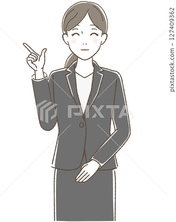 A woman pointing and smiling, facing forward 127409362
