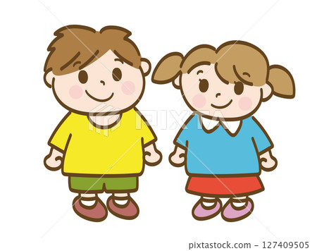 Full-body illustration of a cute smiling boy and girl 127409505