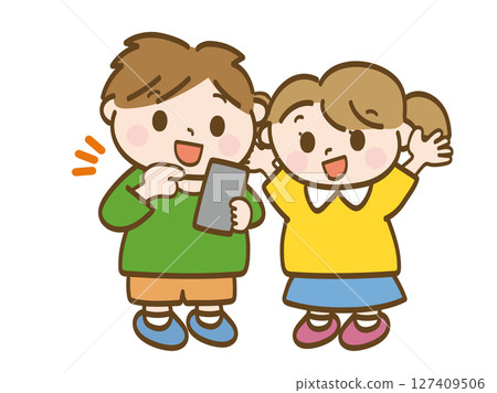 Full-body illustration of a boy and girl playing with a smartphone Full-body illustration of a boy and girl playing with a smartphone 127409506