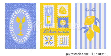 Yellow and blue Amalfi summer posters set. Vector illustration of citrus, cut fruit, Italian tiles pattern, Mediterranean food for invitation, card, packaging, label. Textured pencil drawing 127409580