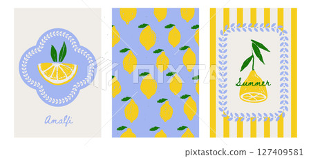 Cute naive Italy Amalfi poster cover template design set. Italian dolce vita vector illustration theme for Summer background card print with lemons. Textured pencil drawing 127409581