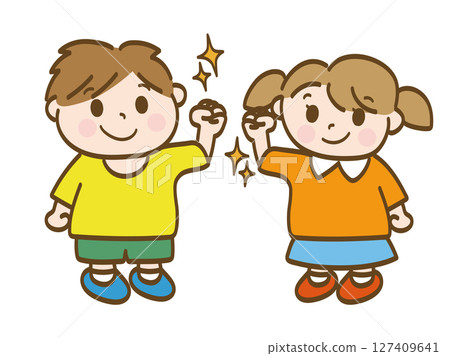 全身插圖：一個充滿動力的男孩和一個女孩，舉起拳頭擺出姿勢 127409641