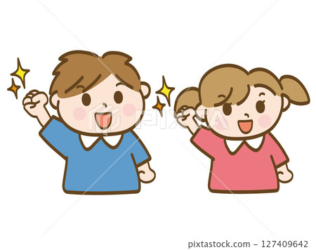男孩和女孩興奮地揮舞拳頭的插圖 127409642