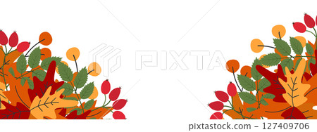 Hand drawn Colorful Autumn leaves bouquets Composition Double sided Frame border Copy space Template 127409706