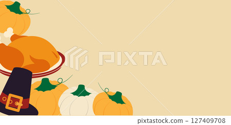 Corner Frame of Freehand Pilgrim Hat Fried Turkey and Multicolored Pumpkins Copy space Template Fond 127409708