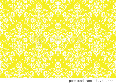 Wallpaper in the style of Baroque. White and yellow floral ornament. Seamless vector background. Graphic pattern for fabric, wallpaper, packaging. Ornate Damask flower illustration 127409878