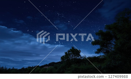 Night sky filled with stars and clouds over a serene landscape with silhouettes of trees Night sky filled with stars and clouds over a serene landscape with silhouettes of trees 127409988