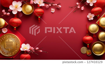 decorative scene featuring plum blossoms, gold ingots, and red paper lanterns, creating festive atmosphere for celebrations. vibrant colors evoke joy and prosperity 127410129
