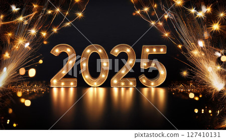 Glowing numbers 2025 with sparkling lights on dark background create festive atmosphere, perfect for celebrating New Year 127410131