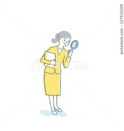 Business woman looking through a magnifying glass 127410209