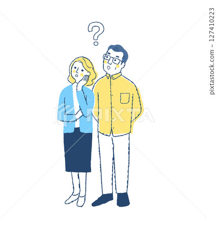 一對憂心忡忡的老年夫婦向左望去 127410223