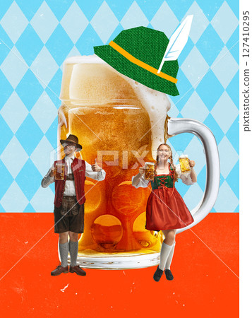 Bold colorful poster with giant beer mug in hat and dancing Bavarian couple in folk style collage 127410295