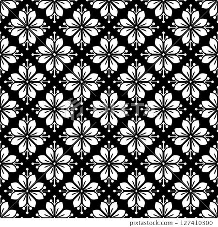 Flower geometric pattern. Seamless vector background. White and black ornament. Ornament for fabric, wallpaper, packaging. Decorative print. Flower geometric pattern. Seamless vector background. White and black ornament. Ornament for fabric, wallpaper, packaging. Decorative print. 127410300