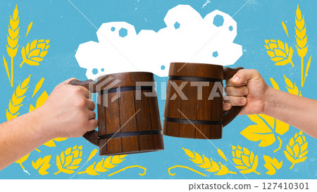 Modern retro aesthetic beer poster with wooden mugs and wheat background in flat folk illustration style 127410301