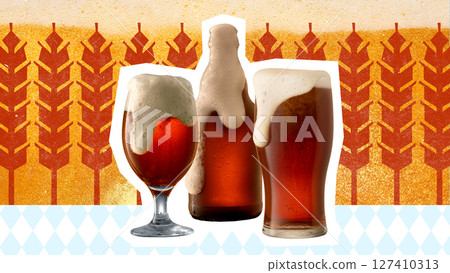 Contemporary visual storytelling three foamy dark beer drinks with wheat pattern in retro collage style 127410313