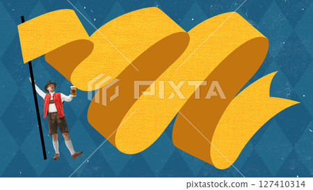 Art collage for ad Bavarian man with large yellow flag on blue retro diamond background 127410314