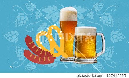 Beer glasses with sausages and pretzel on folk pattern background. Oktoberfest energy in a colorful pop collage Beer glasses with sausages and pretzel on folk pattern background. Oktoberfest energy in a colorful pop collage 127410315