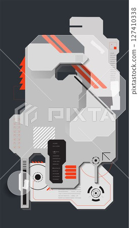 Layered schematic vector display with grayscale panels and alert stripes. Interface prototyping 127410338