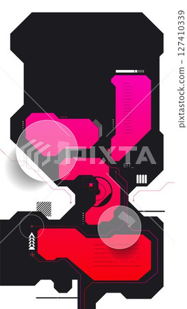 Glitch UI display with red and magenta modular circuits and error codes. Digital art collage Glitch UI display with red and magenta modular circuits and error codes. Digital art collage 127410339