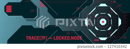 Cyber node interface with red trace lines, diagnostic, and motion graphics overlay. 127410342