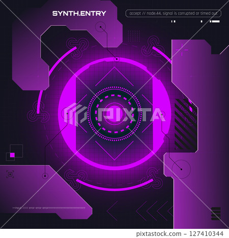 Cyberpunk purple HUD design with corrupted signal interface and synthetic data module. Brutalism style Cyberpunk purple HUD design with corrupted signal interface and synthetic data module. Brutalism style 127410344