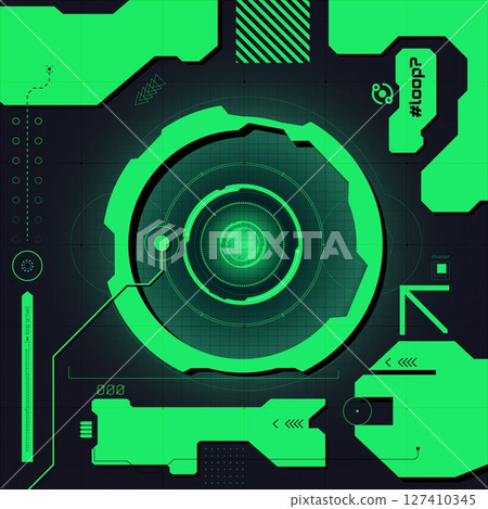 Bright neon green circular HUD interface with sci-fi layout and scanning data elements, brutalism 127410345