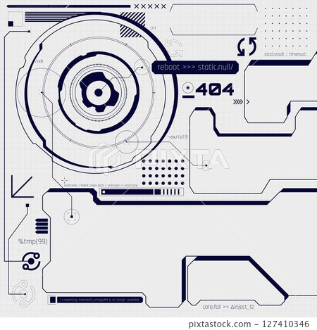 Futuristic blue tech interface with system error and glitch codes in circular HUD design, brutalism. 127410346
