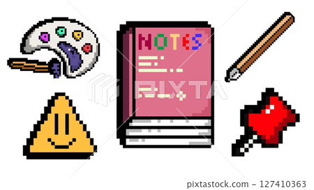 Pixel style illustration with art palette, notebook, pen, and pin. Learning through emotion and fun Pixel style illustration with art palette, notebook, pen, and pin. Learning through emotion and fun 127410363