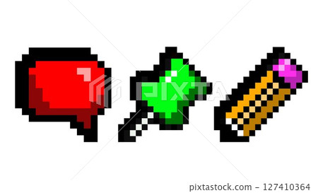 Pixel icons set with speech bubble, heart pin, and short pencil. Productivity and planning apps Pixel icons set with speech bubble, heart pin, and short pencil. Productivity and planning apps 127410364
