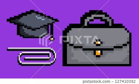 Graduation cap briefcase and paperclip on purple background. Career planning and employment 127410382