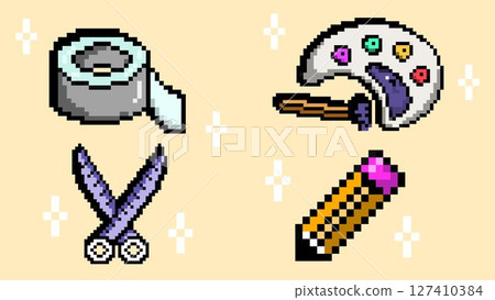 Pixel icons of art and craft tools including palette tape scissors and pencil on beige background Pixel icons of art and craft tools including palette tape scissors and pencil on beige background 127410384