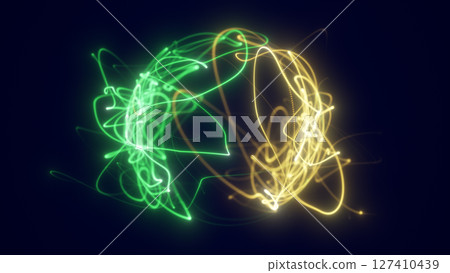 Dual-colored abstract sphere blending green and yellow glowing light trails, symbolizing synergy, innovation, and motion Dual-colored abstract sphere blending green and yellow glowing light trails, symbolizing synergy, innovation, and motion 127410439