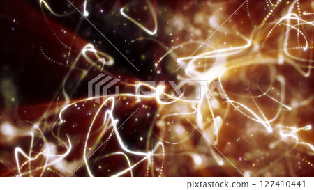 Warm golden and white abstract particle trails twisting in a glowing motion background 127410441