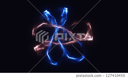 Glowing helix pattern of blue and red light strands orbiting in dark digital space 127410450