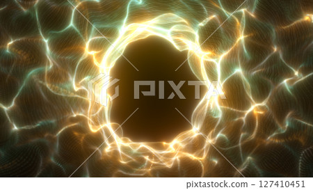 Glowing golden tunnel with soft swirling waves forming an energetic circular portal effect Glowing golden tunnel with soft swirling waves forming an energetic circular portal effect 127410451