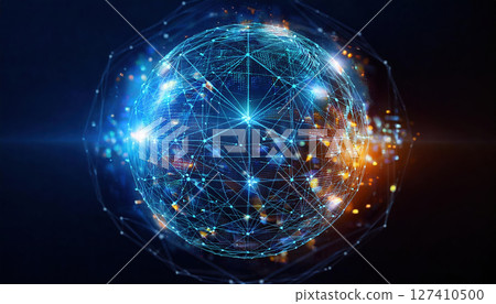 glowing sphere of interconnected data points symbolizes big data processing, showcasing technology and innovation glowing sphere of interconnected data points symbolizes big data processing, showcasing technology and innovation 127410500