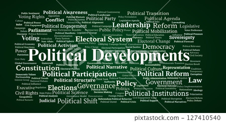 Political Developments Word Cloud. Analysis Of Governance, Elections, And Reform Dynamics 127410540