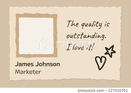 Cartoon testimonial template with torn paper frame square profile and decorative stars flat vector illustration 127410701