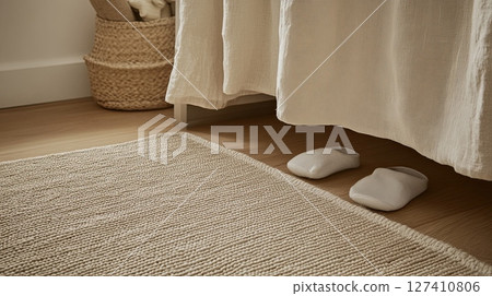 Cozy minimalist bedroom interior with soft slippers and woven rug in warm neutral tones 127410806