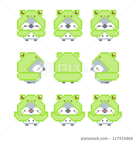 青蛙雨衣和灰色貓頭鷹像素藝術 127410868