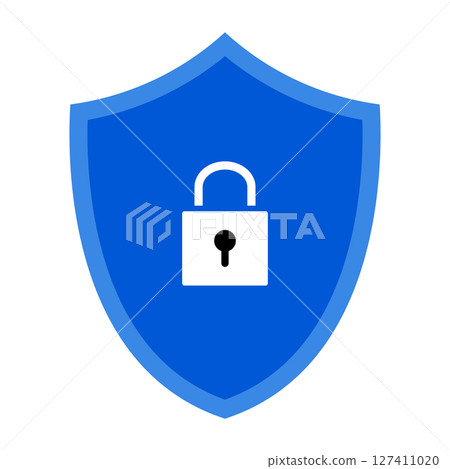 Secure Lock Shield Icon Vector Illustration. This vector illustration features a blue security shield with a thick border and a centered white padlock icon. Secure Lock Shield Icon Vector Illustration. This vector illustration features a blue security shield with a thick border and a centered white padlock icon. 127411020