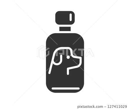 Minimalist icon of a bottle with a dog outline. Ideal for pet care, grooming products, or veterinary services. Simple, modern design conveys animal health and wellness. Minimalist icon of a bottle with a dog outline. Ideal for pet care, grooming products, or veterinary services. Simple, modern design conveys animal health and wellness. 127411029