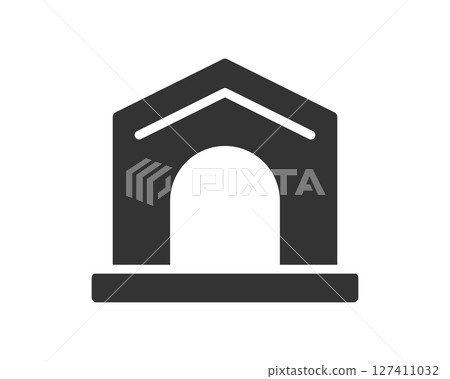 Simple geometric icon of a house with an arched doorway. A symbol of shelter, home, or entry. Great for real estate, construction, or architectural designs. Clean and modern. 127411032